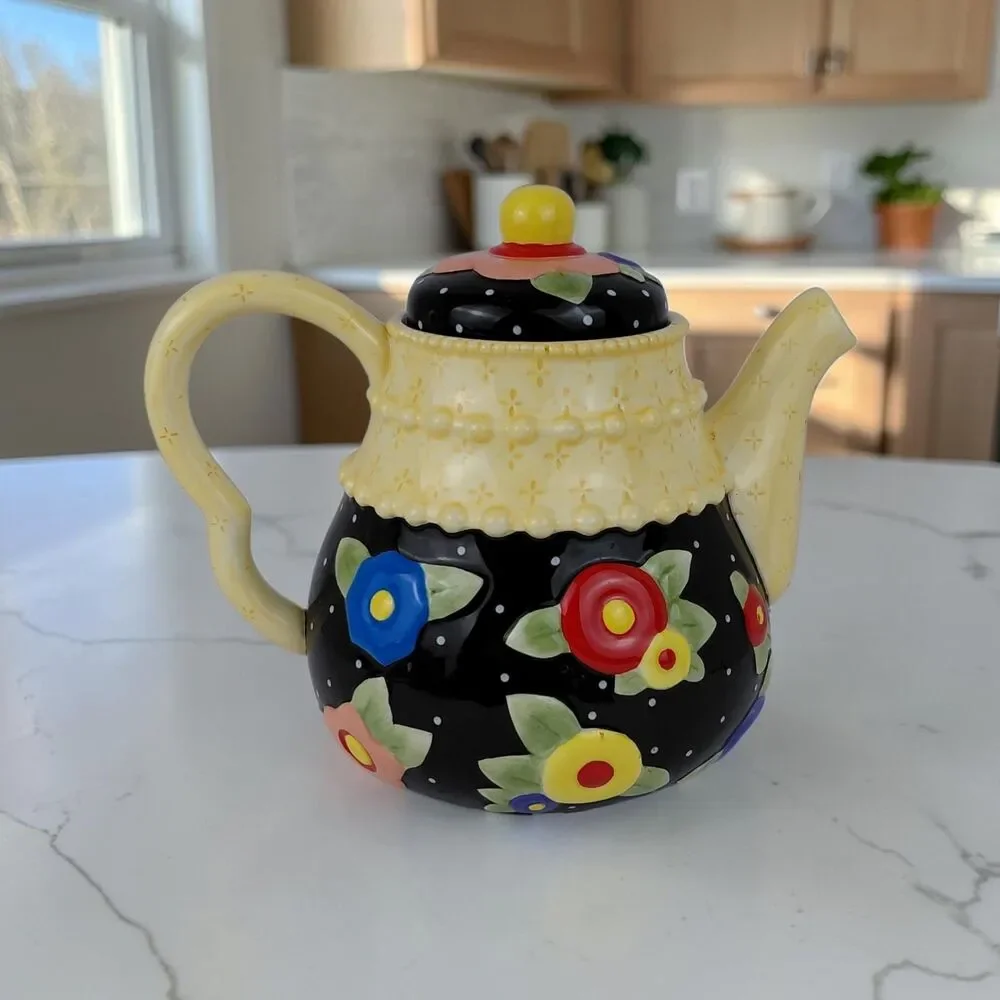 Mary Engelbreit Yellow Black Teapot Red Blue Flowers  Vintage EUC